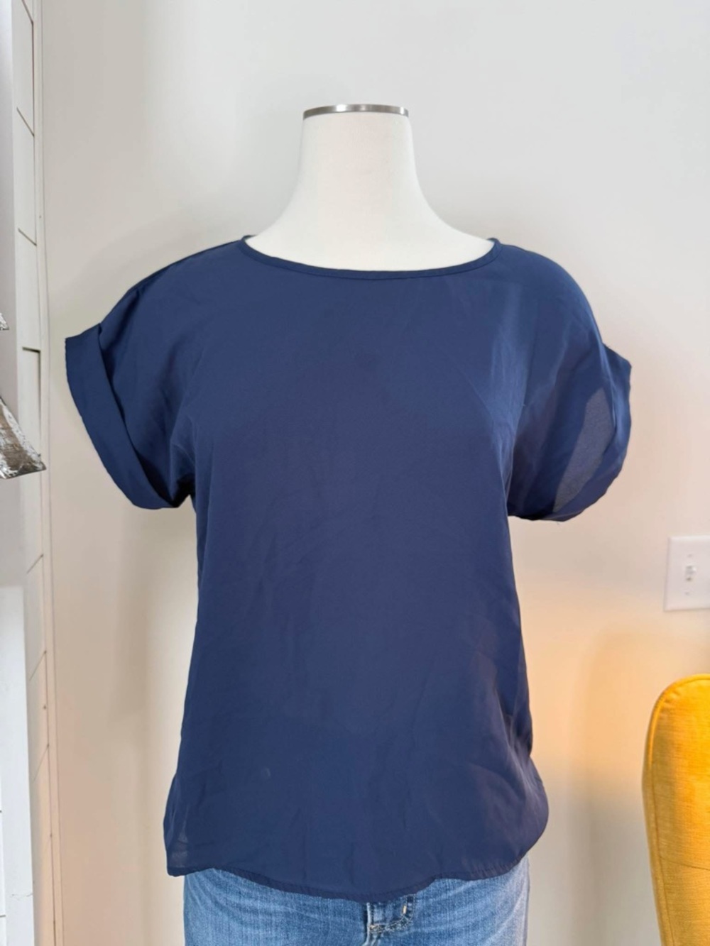 SHEIN Navy Short Sleeve Roll-Cuff Blouse
